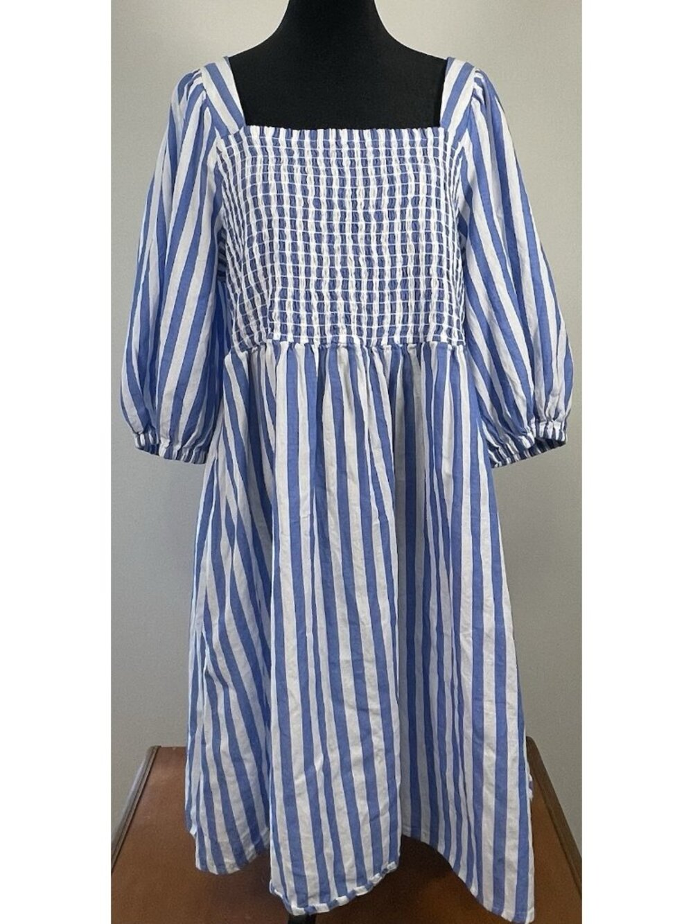 Blue and White Striped Ava +Viv Drop Waist Ruched Balloon Sleeve Dress 2XL Beach